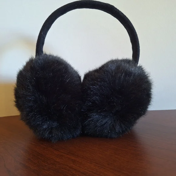 Black Faux Fur Earmuffs, OS Very Good Condition - Picture 2 of 4